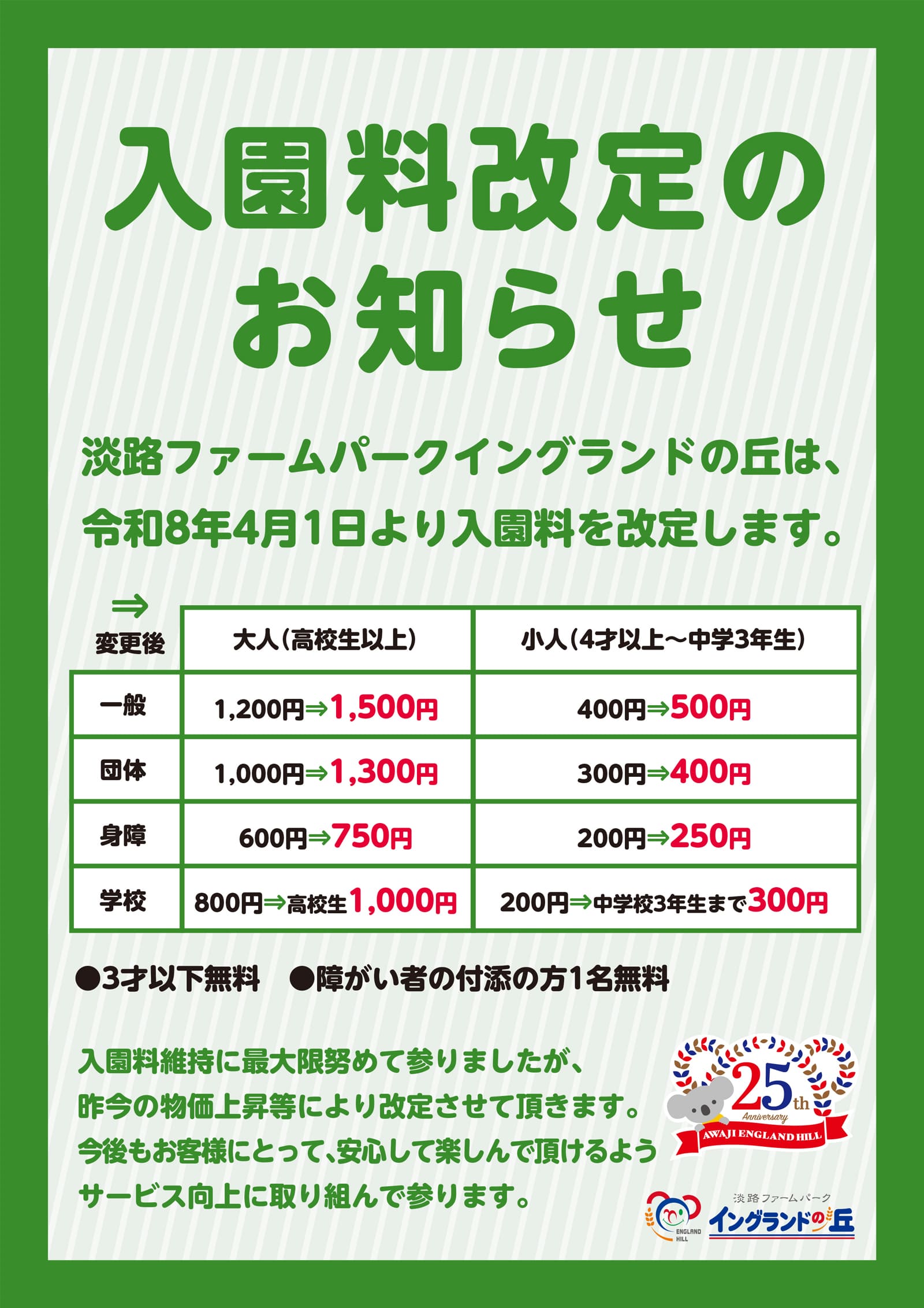 入園料改定のお知らせ